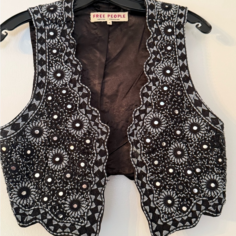 Free People Black and White Embroidered Vest - Size M